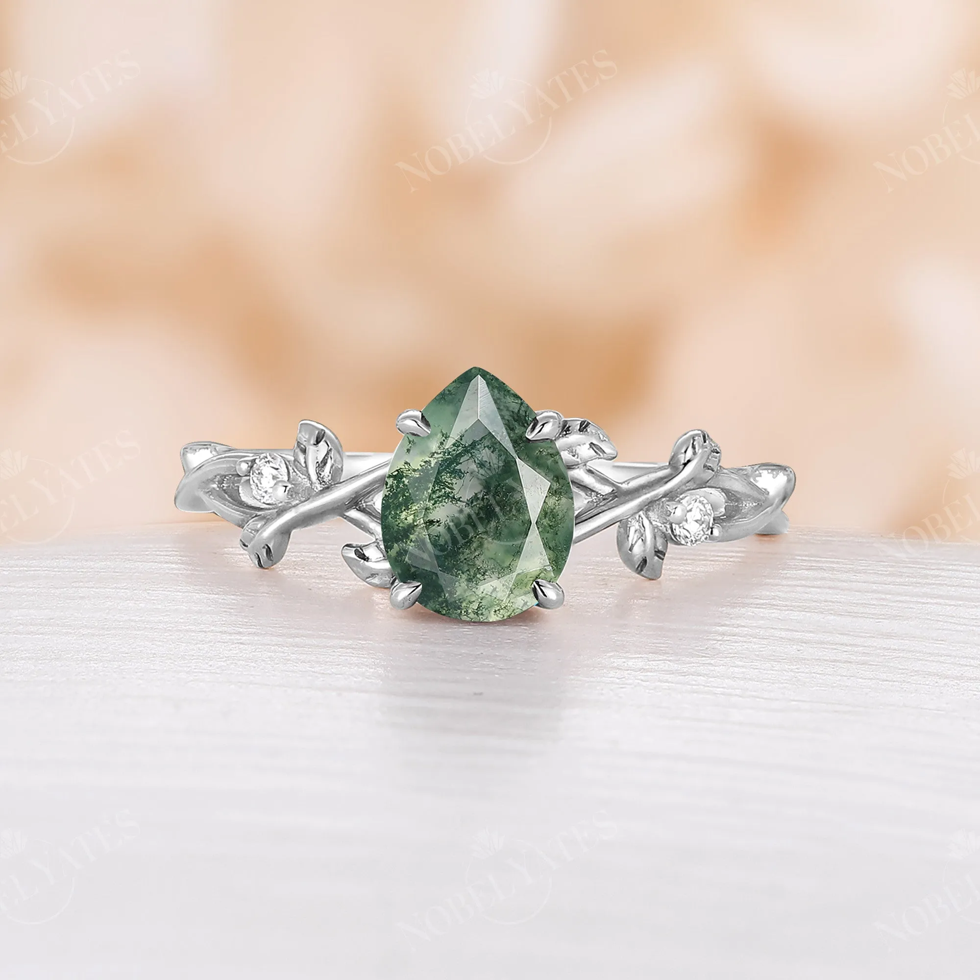 Moss Agate Pear cut Engagement Ring Leaf Design Rose Gold