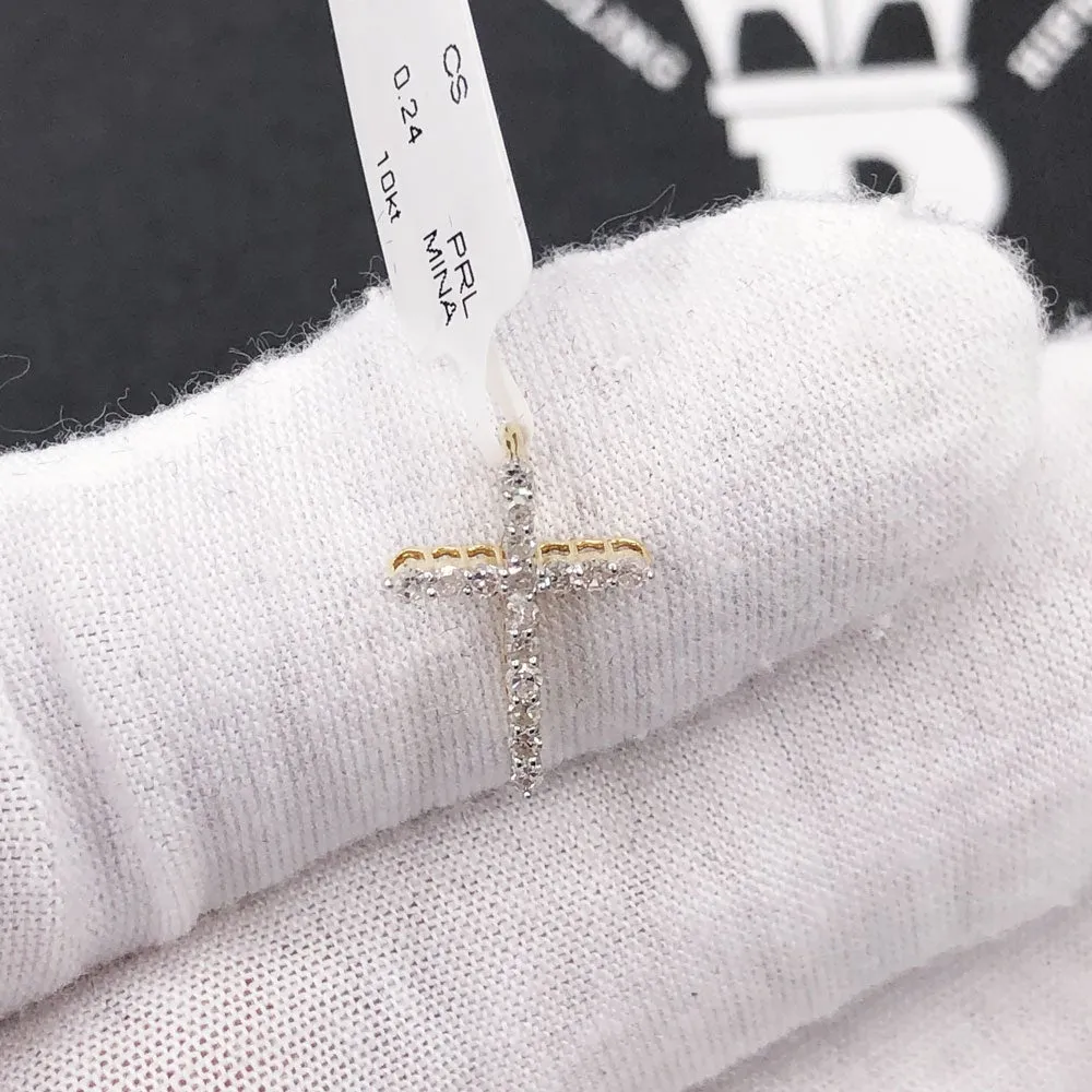 Nano Sized Tennis Cross Diamond Pendant .25cttw 10K Yellow Gold