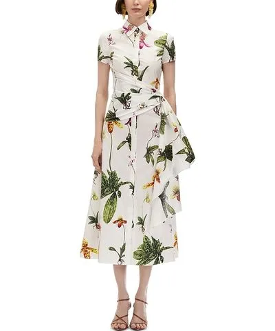 Oscar de la Renta Orchids Poplin Cap Sleeve Dress