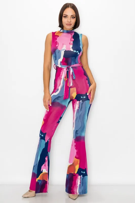 Painted Bell Bottom Jumpsuit with Open Back & Front Tie Waist