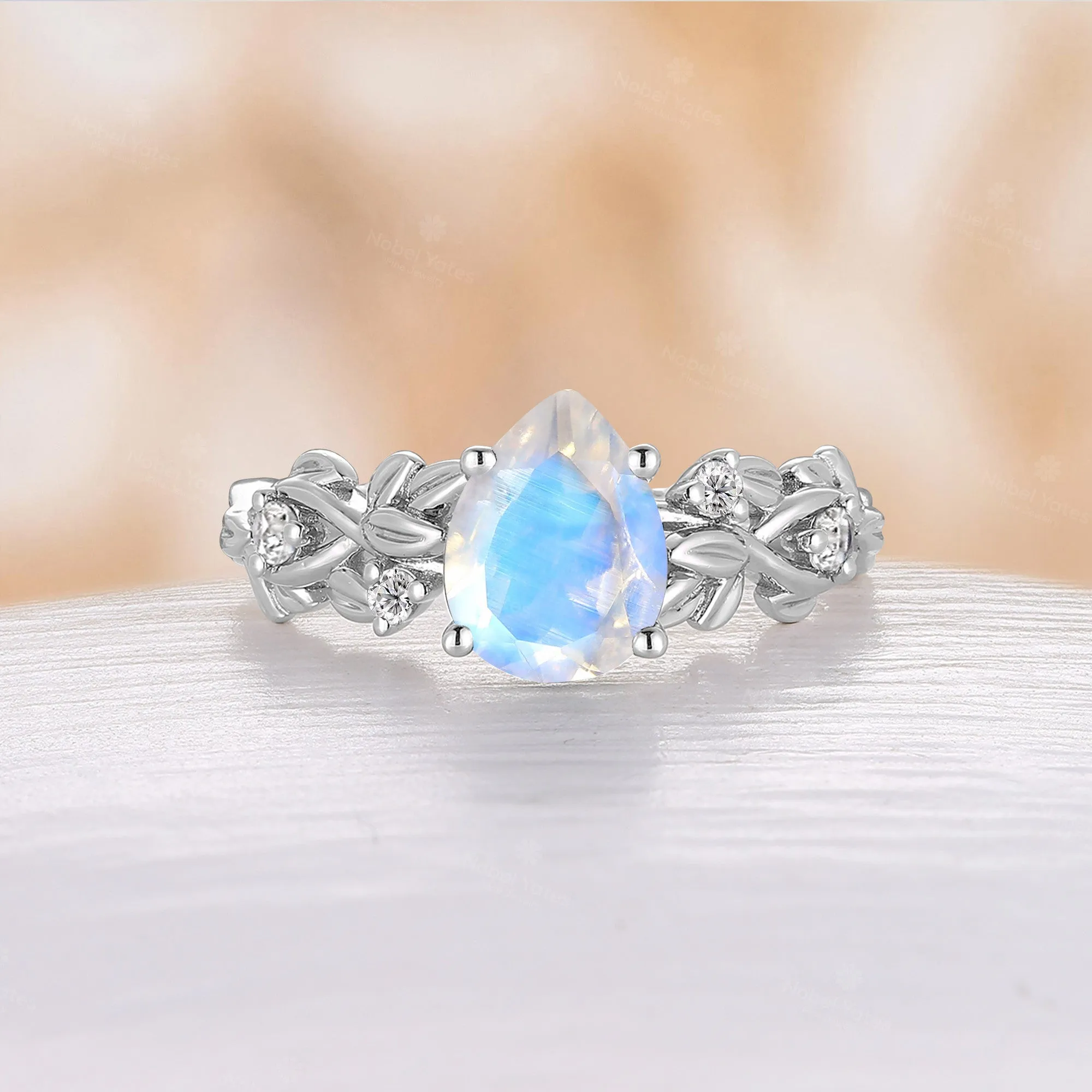 Pear Cut Blue Moonstone Leaf Design Engagement Ring Nature Inspired