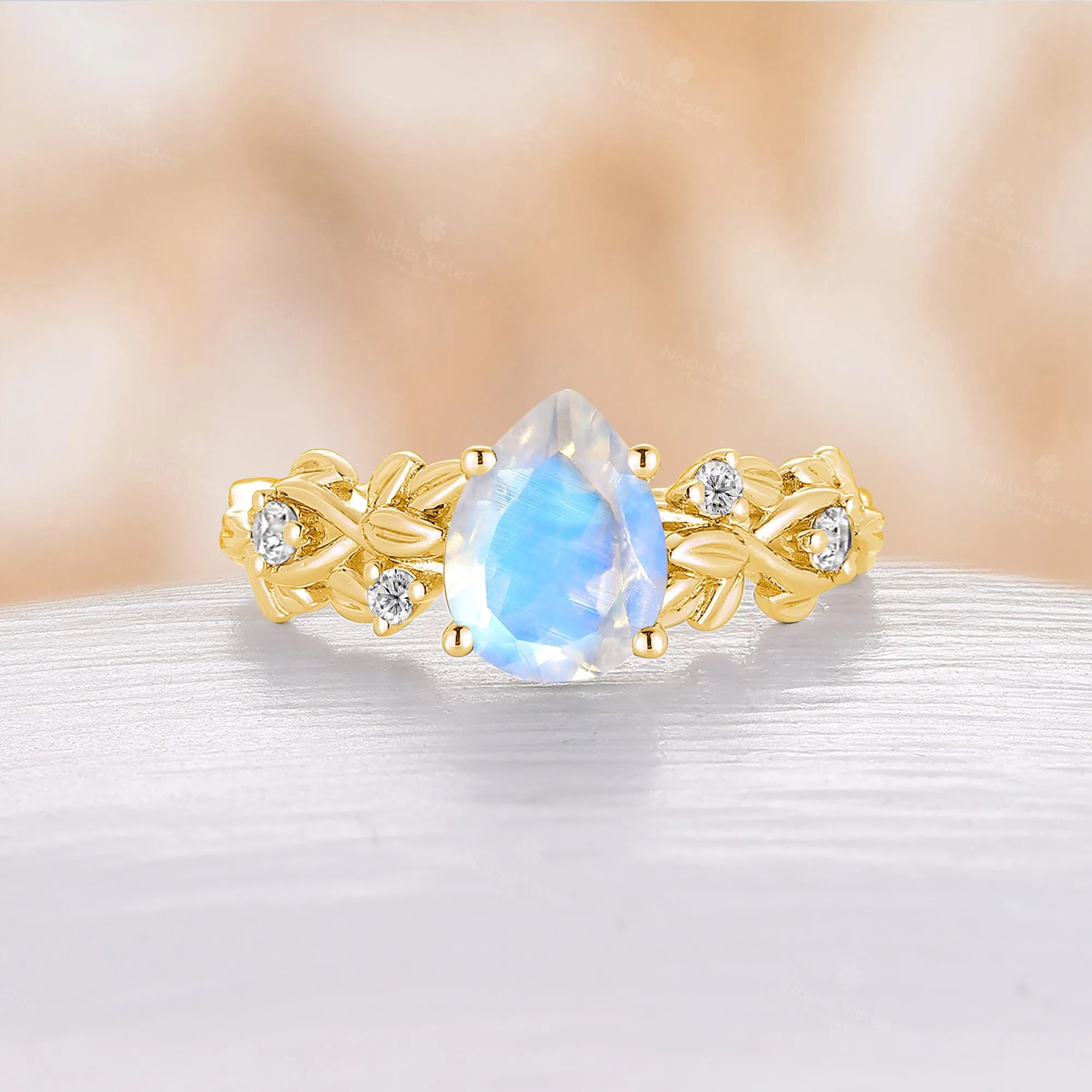 Pear Cut Blue Moonstone Leaf Design Engagement Ring Nature Inspired