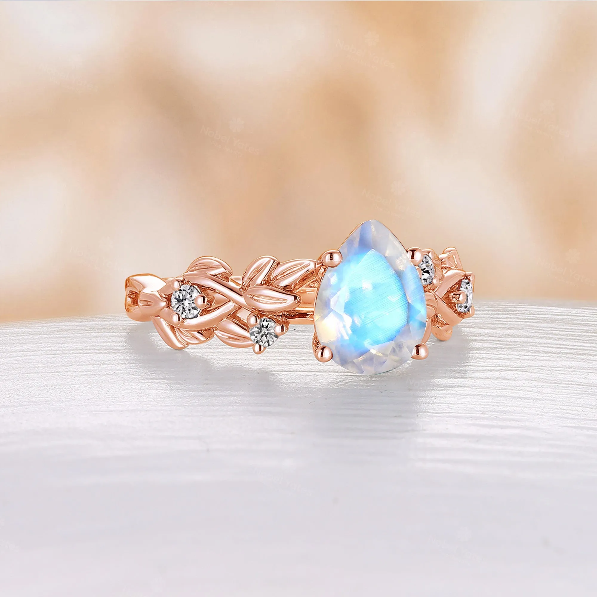 Pear Cut Blue Moonstone Leaf Design Engagement Ring Nature Inspired