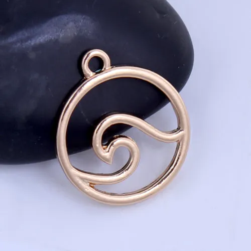 Pendants, Round, Ocean Wave Design, Cut-Out, Light Gold Alloy, 24mm