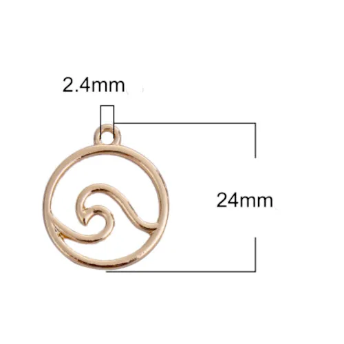 Pendants, Round, Ocean Wave Design, Cut-Out, Light Gold Alloy, 24mm