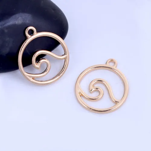 Pendants, Round, Ocean Wave Design, Cut-Out, Light Gold Alloy, 24mm