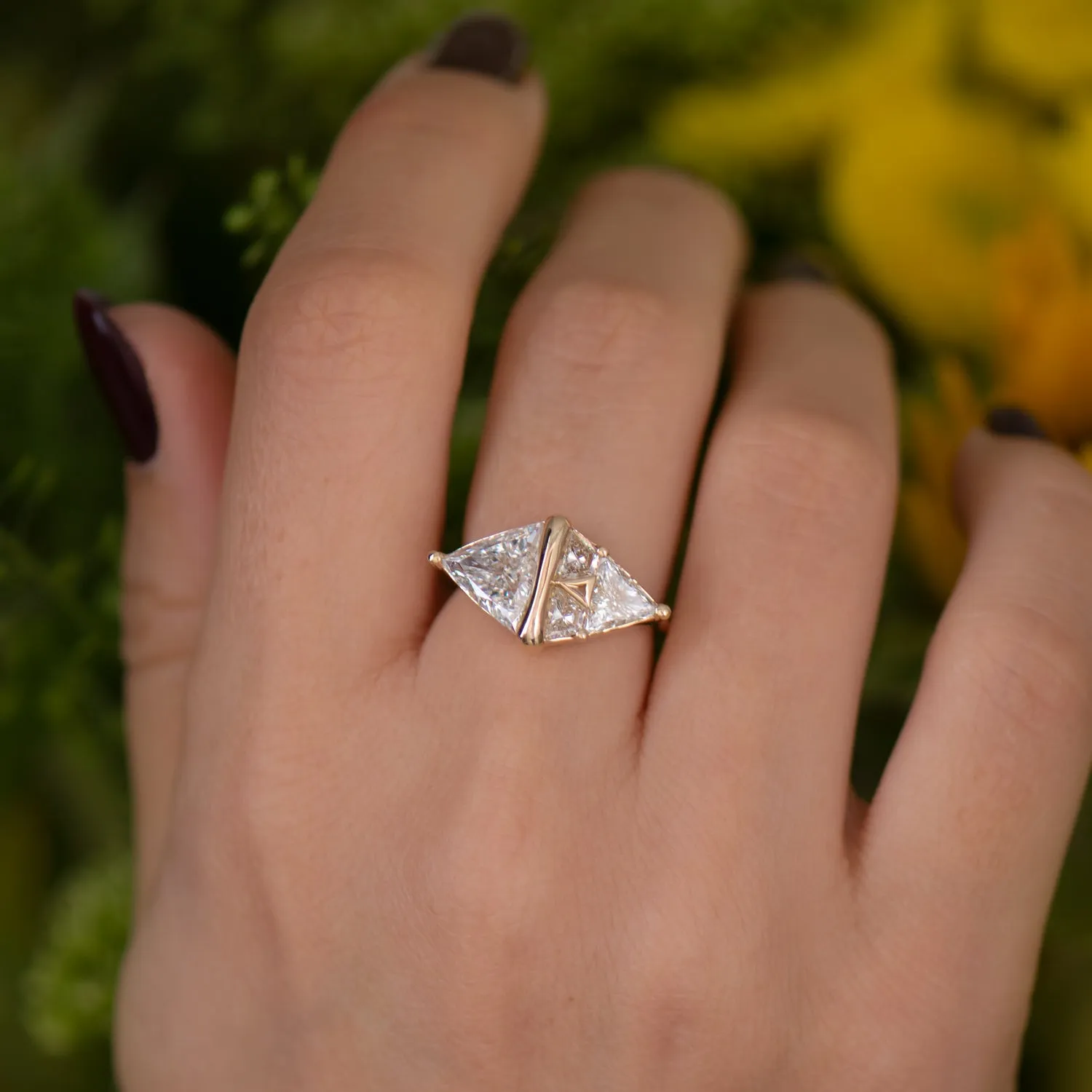 Pyramid Engagement Ring with Trillion and Trapeze Cut Diamonds