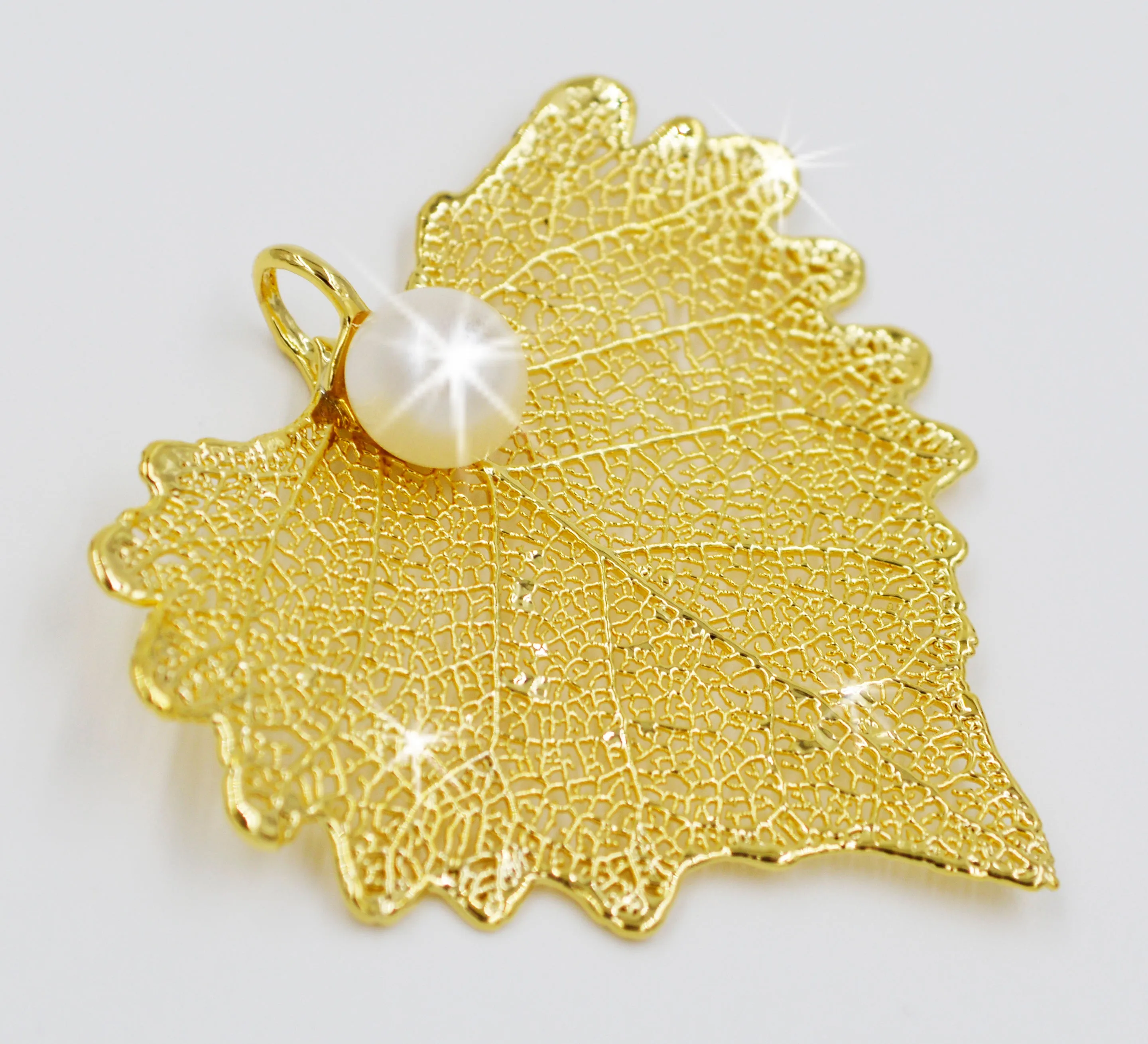 Real Leaf PENDANT COTTONWOOD w/ Freshwater Pearl 24K Yellow Gold Genuine Leaf