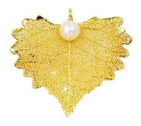 Real Leaf PENDANT COTTONWOOD w/ Freshwater Pearl 24K Yellow Gold Genuine Leaf