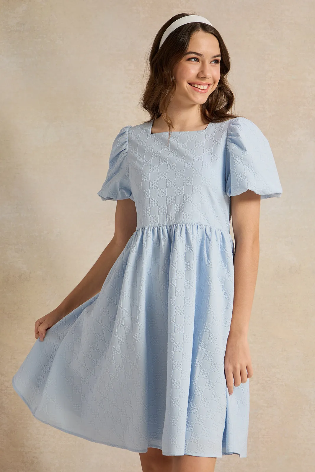 Senior Girls Blue Jacquard Dress