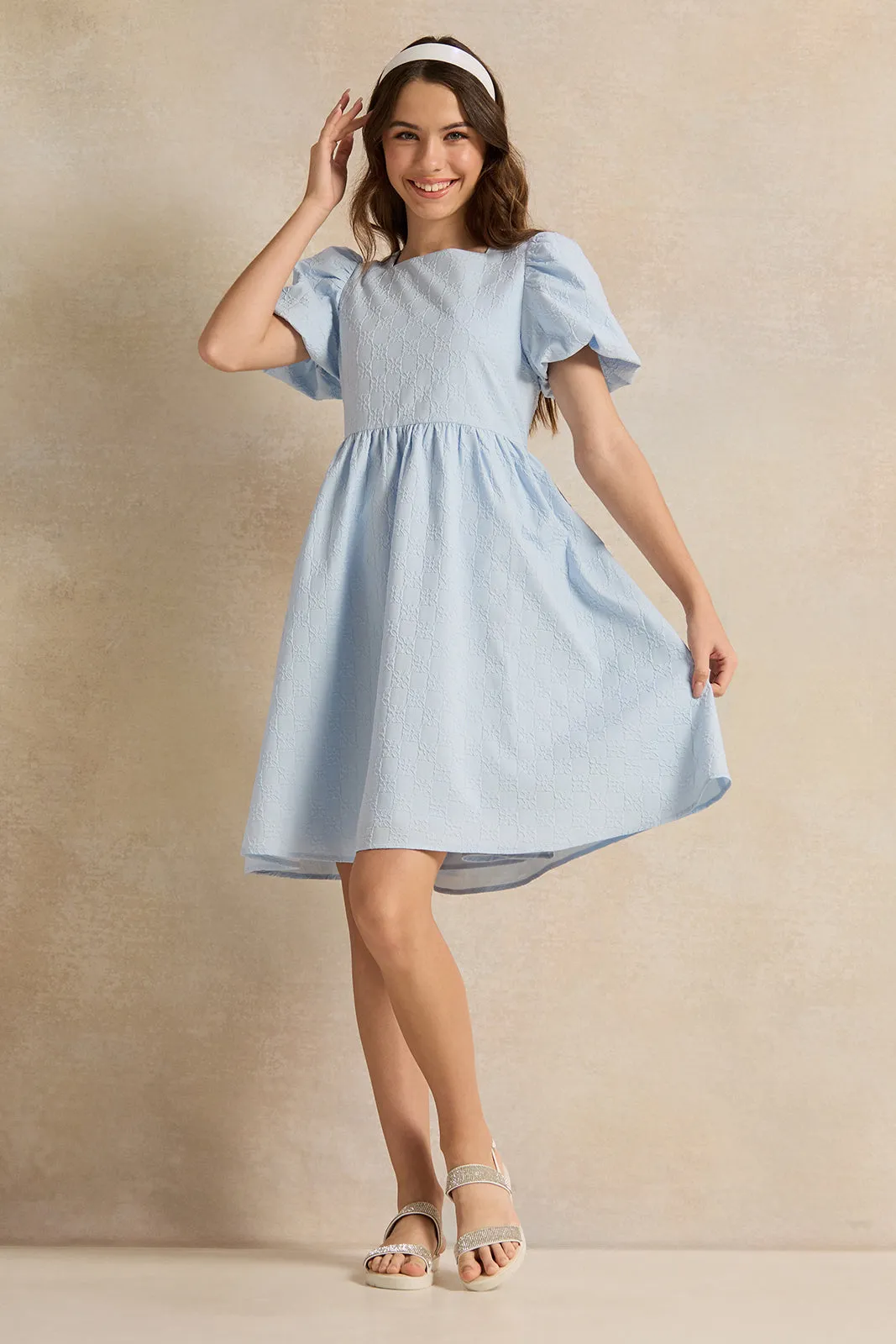 Senior Girls Blue Jacquard Dress