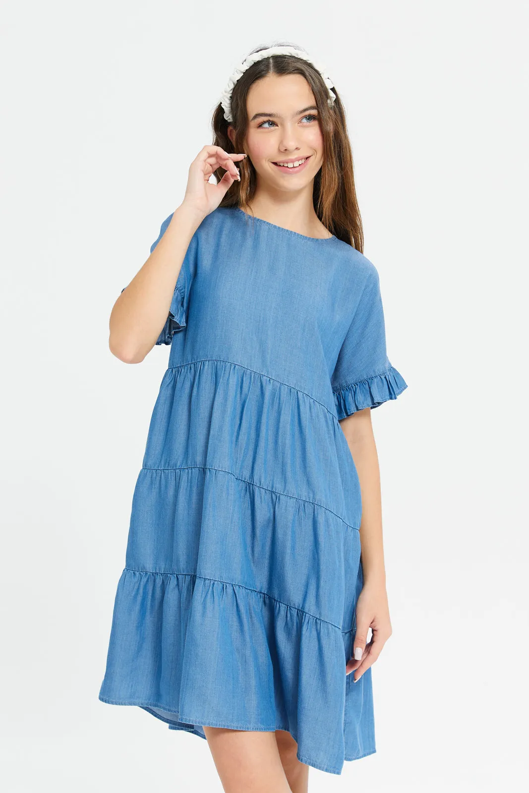 Senior Girls Blue Tiered Denim Dress