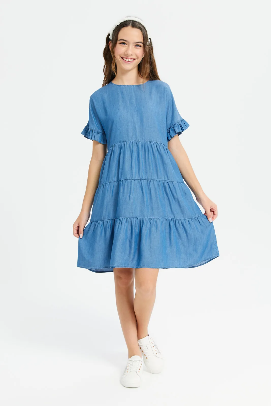 Senior Girls Blue Tiered Denim Dress