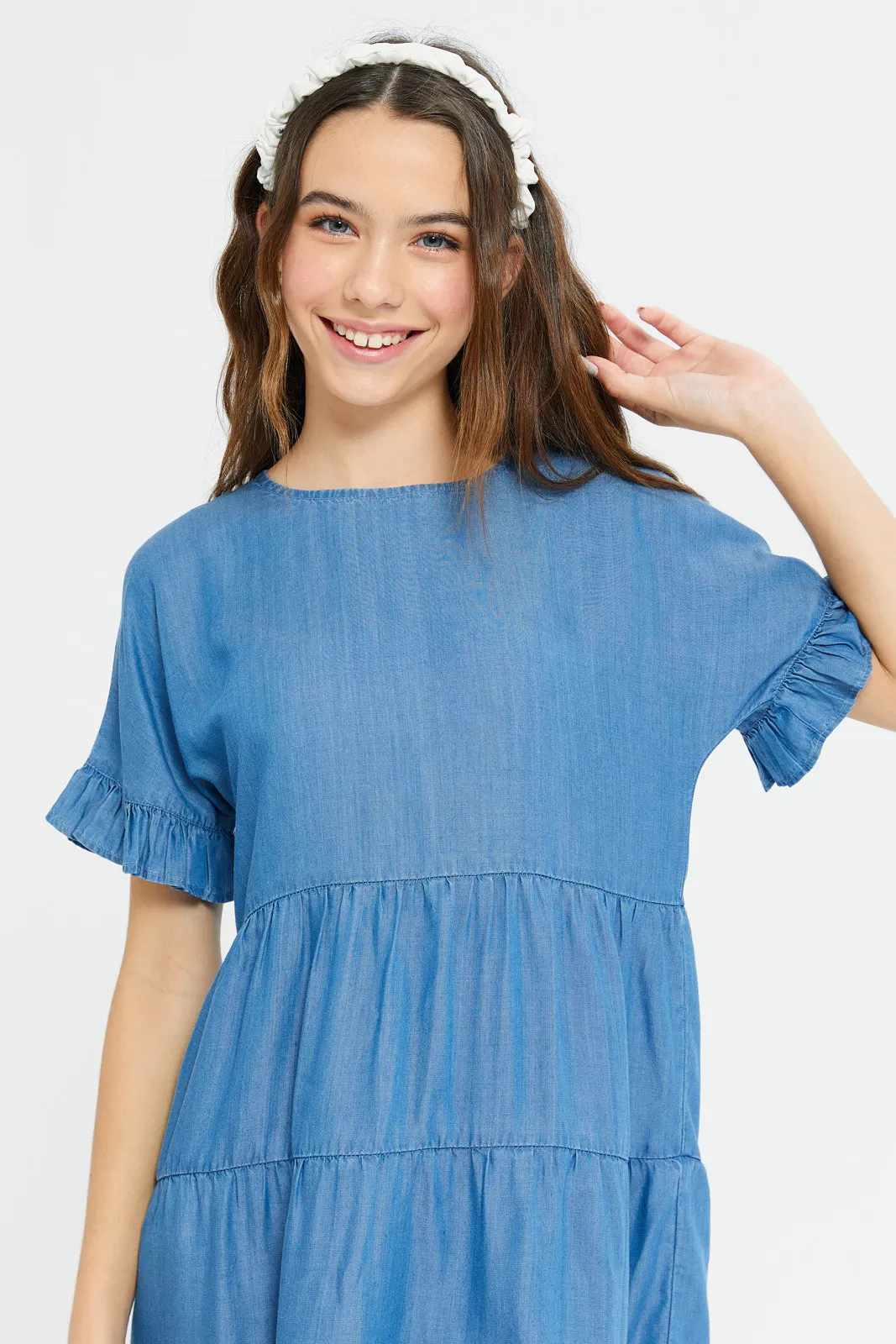 Senior Girls Blue Tiered Denim Dress