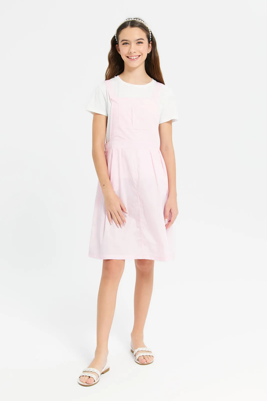 Senior Girls Pink Dungaree Dress