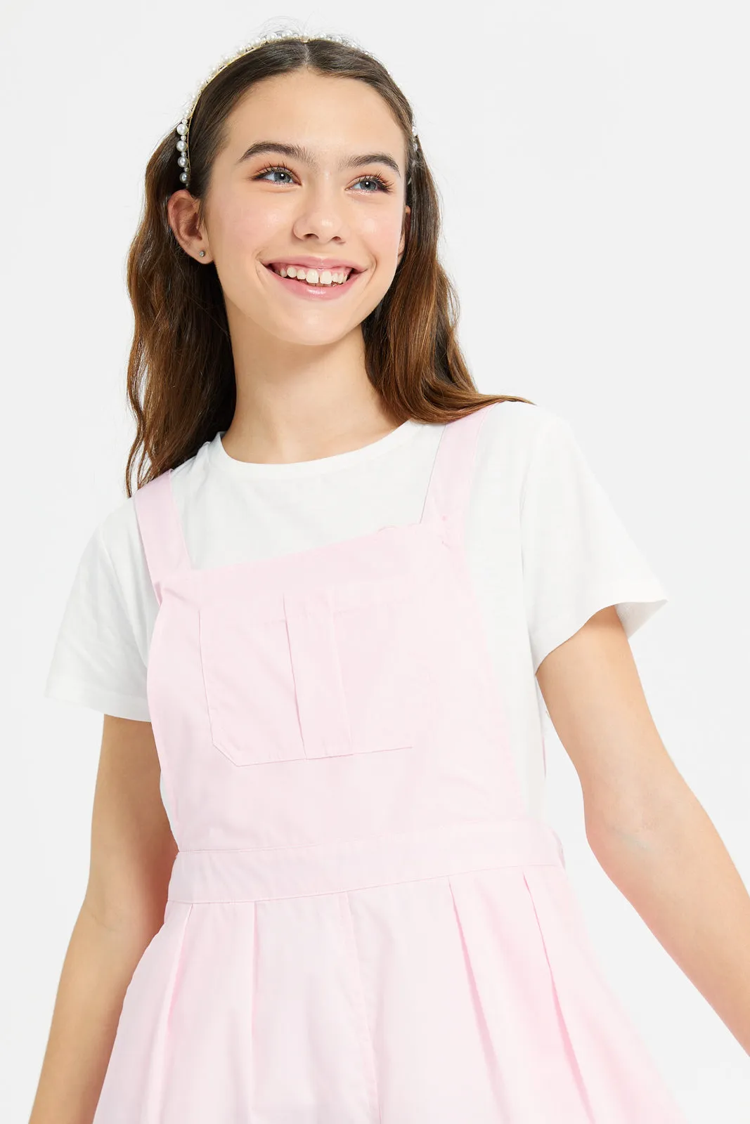 Senior Girls Pink Dungaree Dress