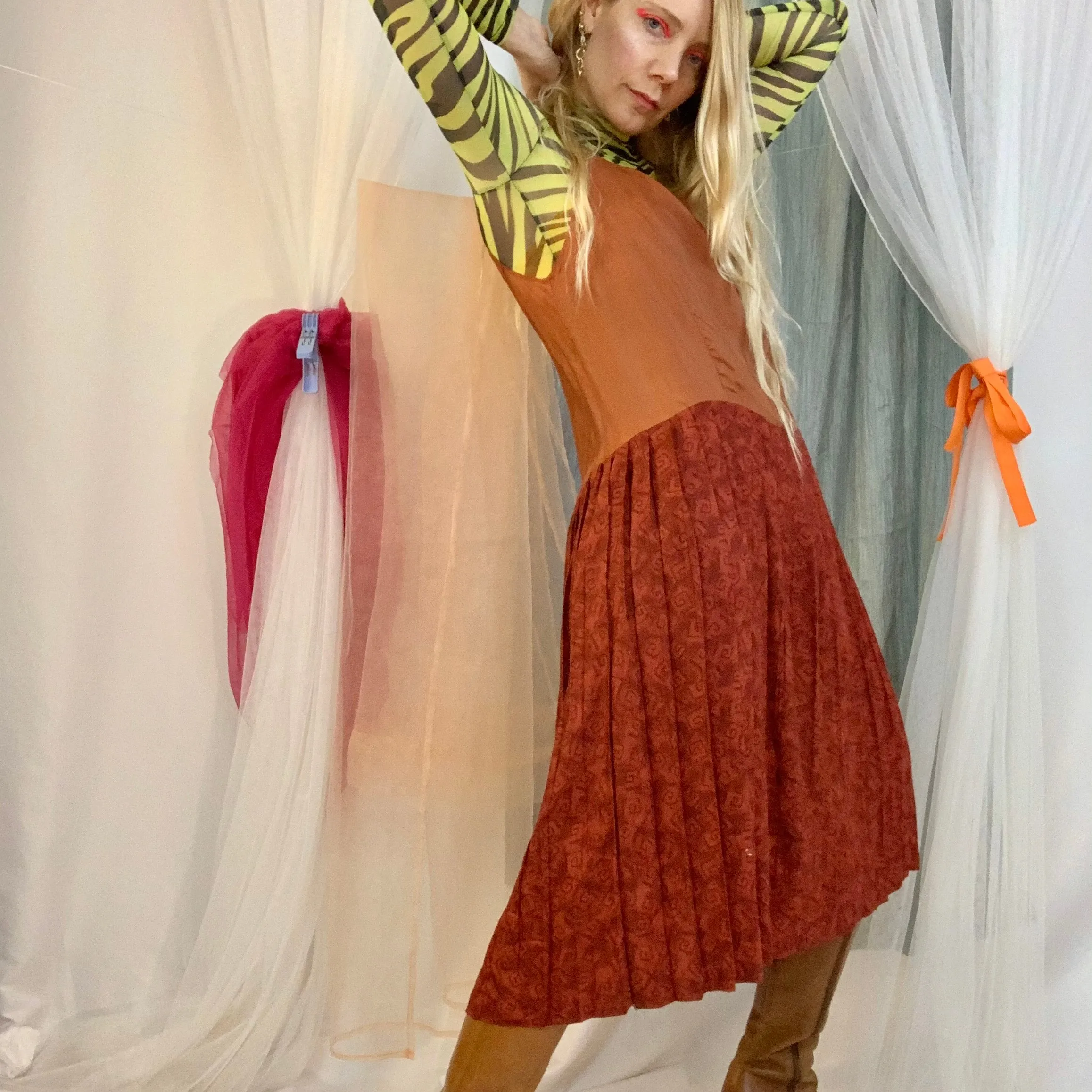 Silky terracotta pleated dress