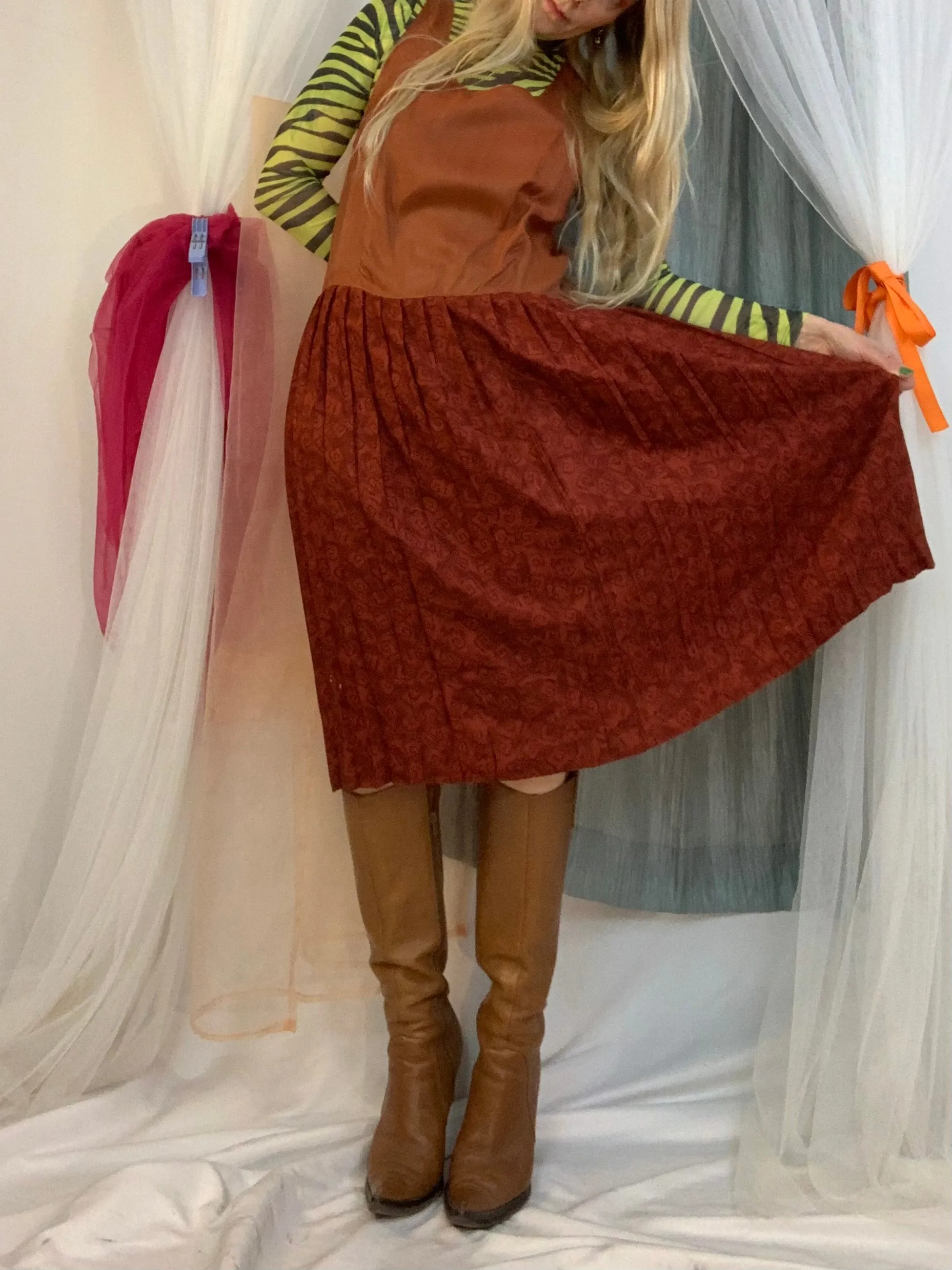 Silky terracotta pleated dress