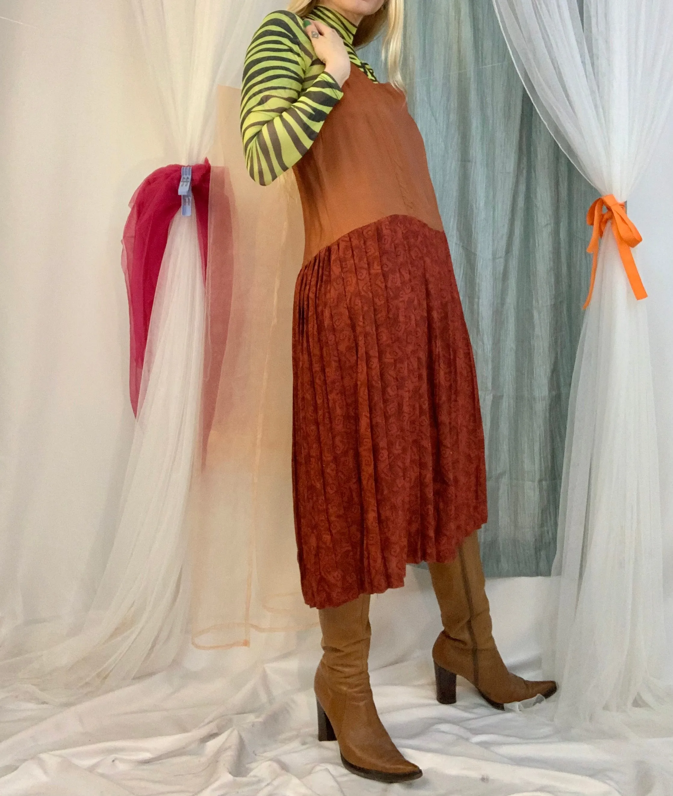 Silky terracotta pleated dress