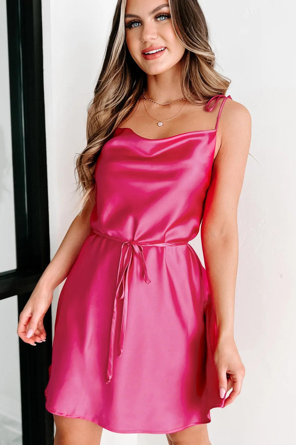 Smooth Transition Satin Cowl Neck Mini Dress (Pink)