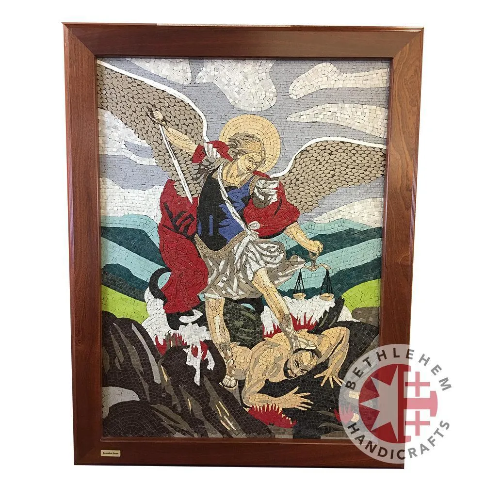 St. Michael's Mosaic Wall Hanging Masterpiece Olive Wood Carving from the Holy Land