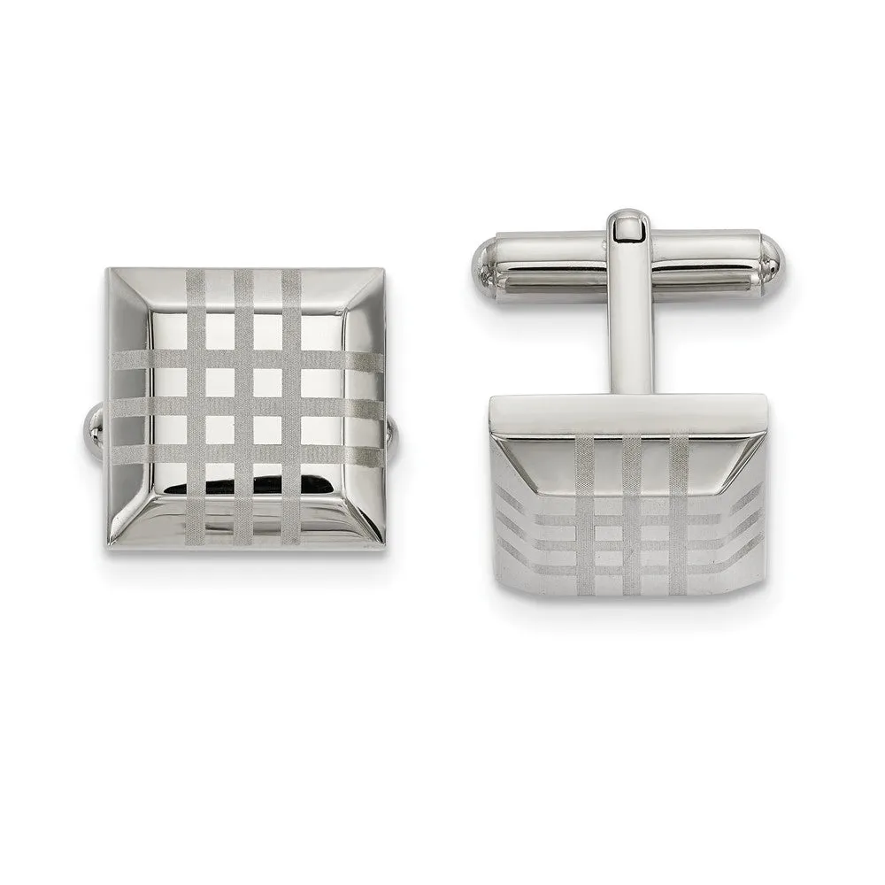 Stainless Steel Laser Grid Square Cuff Links, 15mm (9/16 Inch)