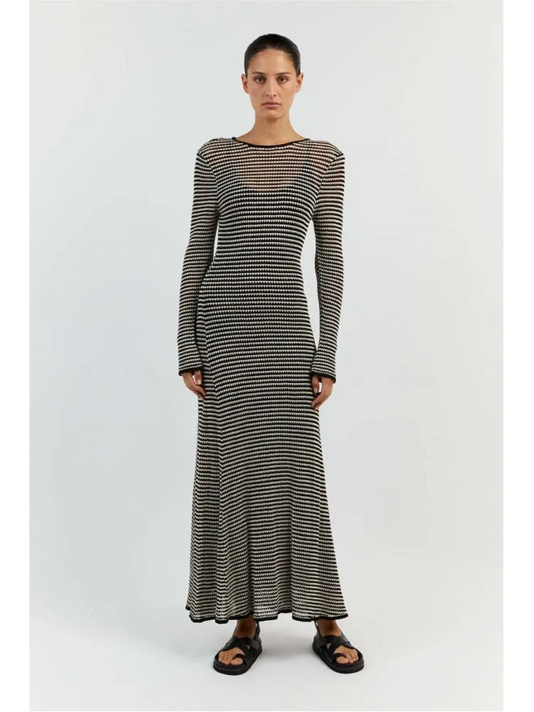 Striped Knitted Hollow Out Long-sleeved Dresses Women's See Through Cover-ups 2023 Beach Vacation