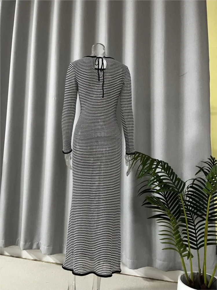 Striped Knitted Hollow Out Long-sleeved Dresses Women's See Through Cover-ups 2023 Beach Vacation