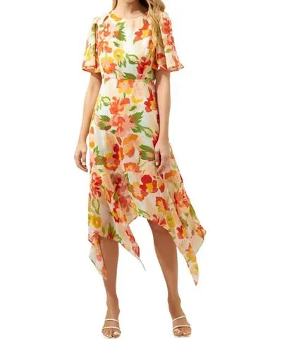 SUGARLIPS Kailua Floral Aerin Asymmetrical Flutter Midi Dress In Blush