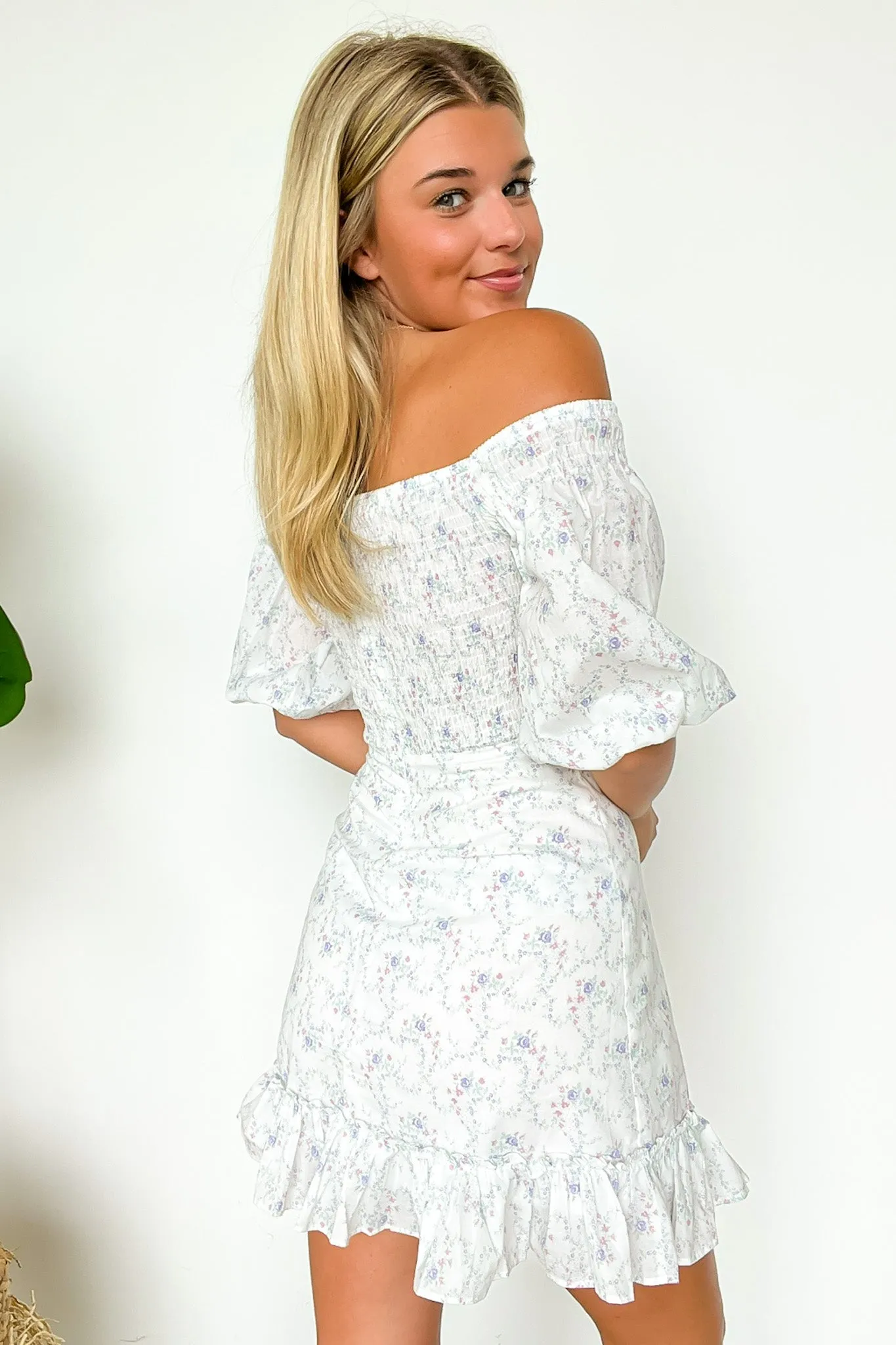 Sweetest Grace Off Shoulder Smocked Floral Dress