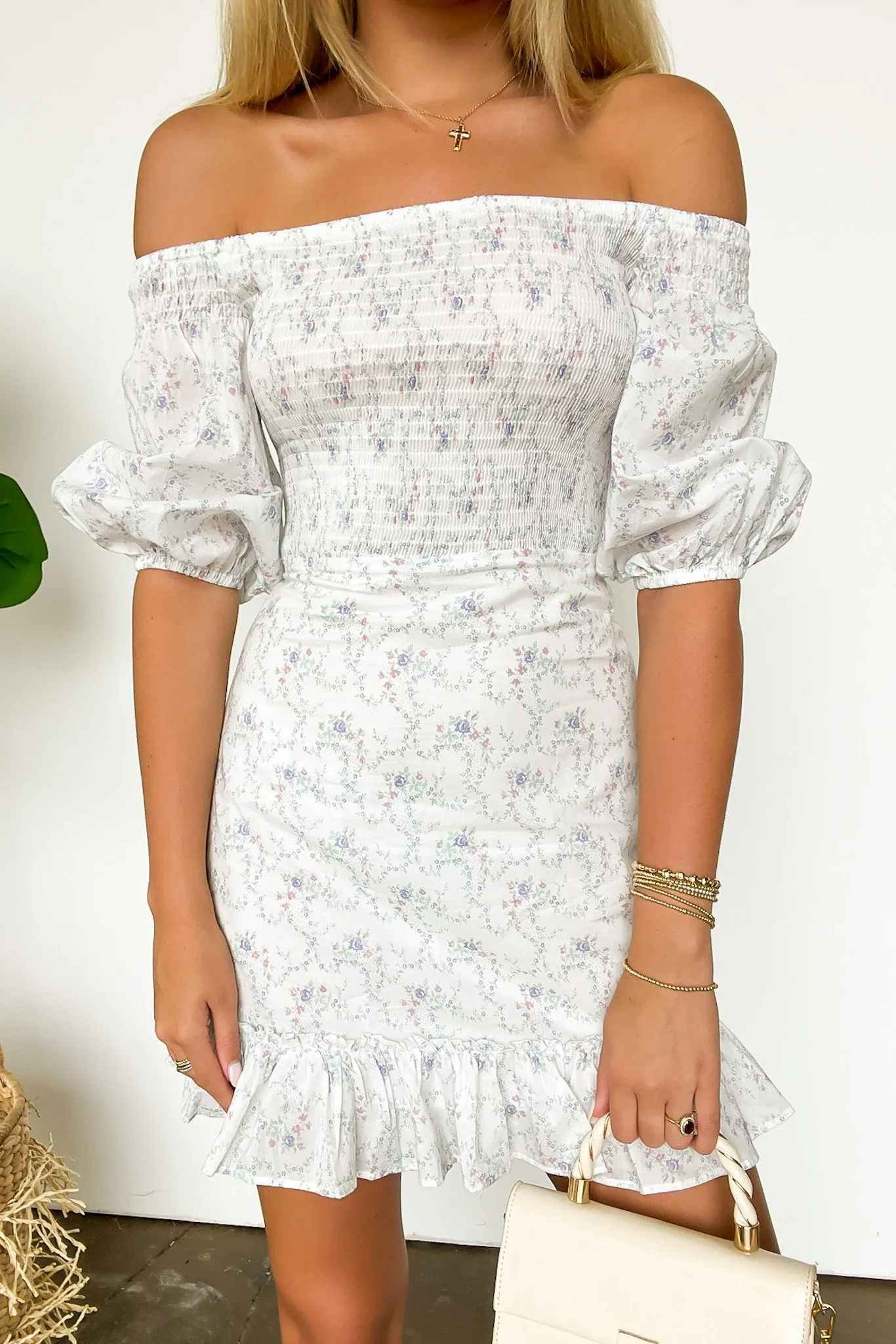 Sweetest Grace Off Shoulder Smocked Floral Dress