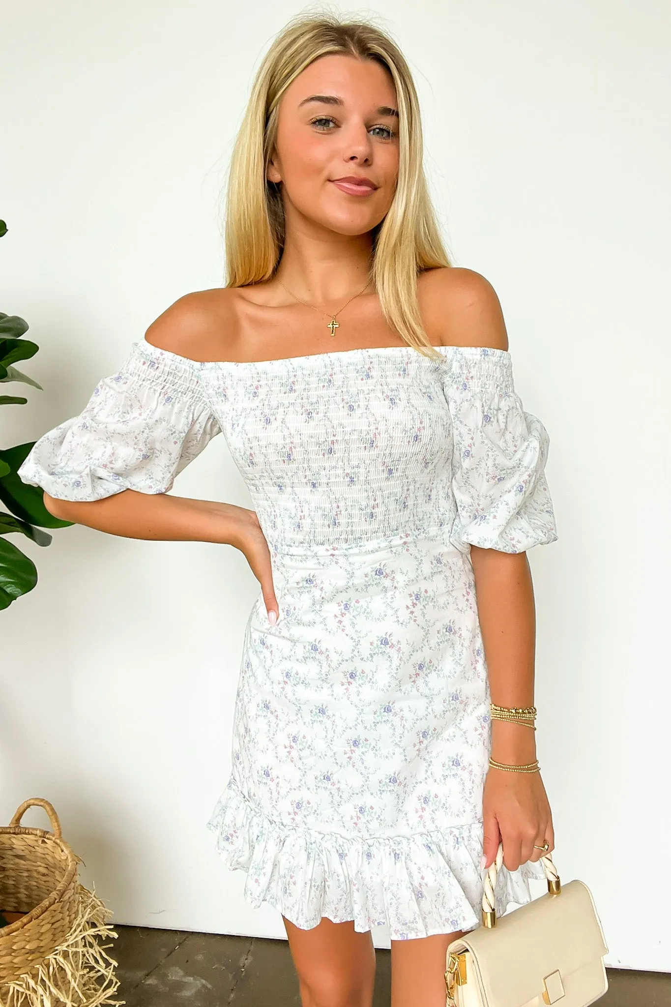 Sweetest Grace Off Shoulder Smocked Floral Dress