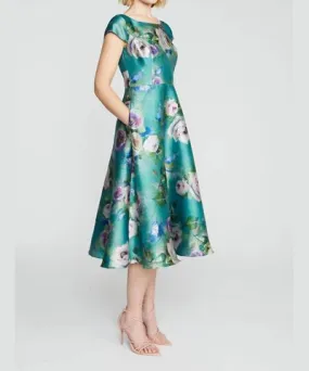 Theia Paula Mikado Floral Tea Length Dress In Rose Sonnet