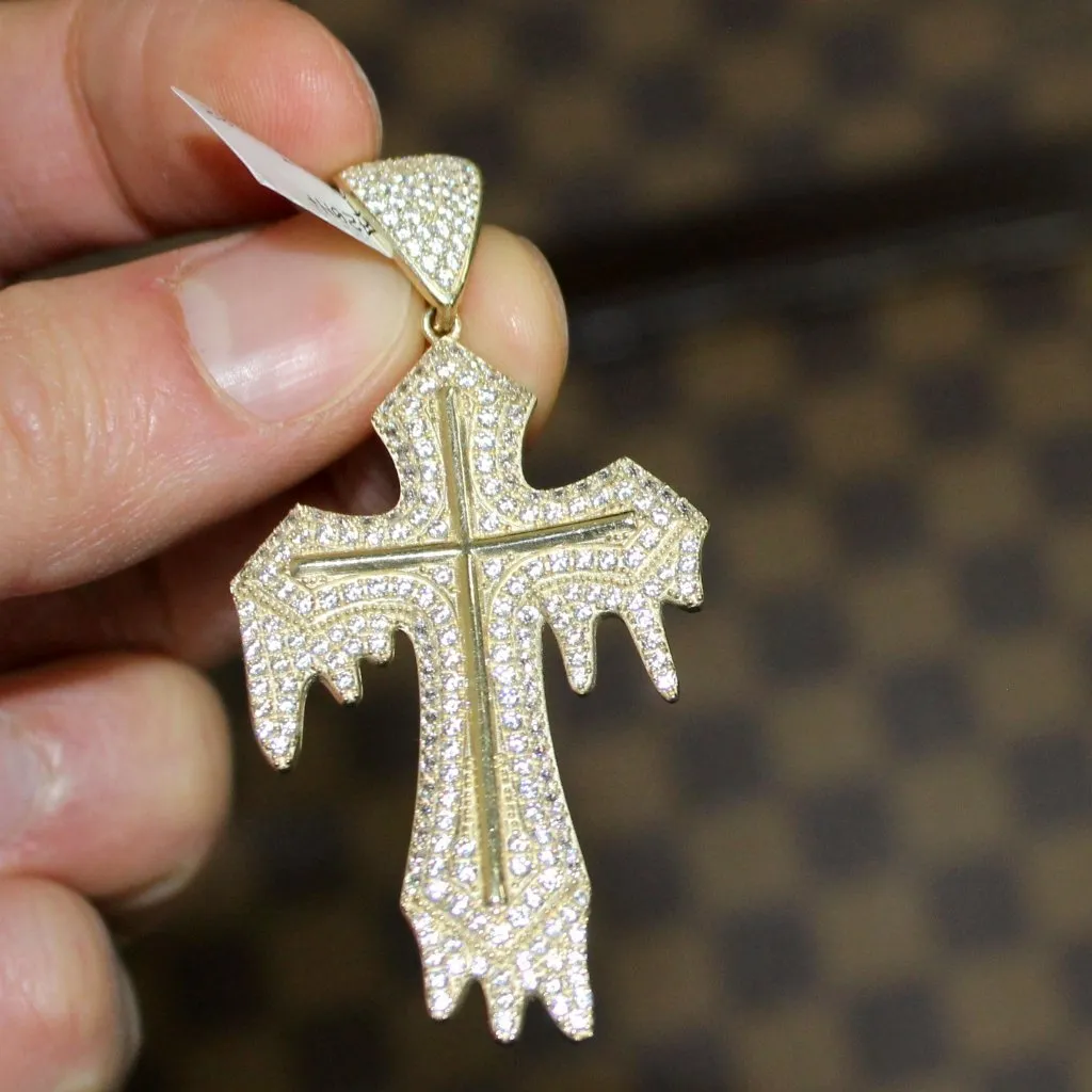 Thick Drip Cross Pendant VVS CZ 10K Yellow Gold