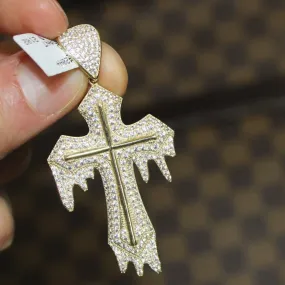 Thick Drip Cross Pendant VVS CZ 10K Yellow Gold