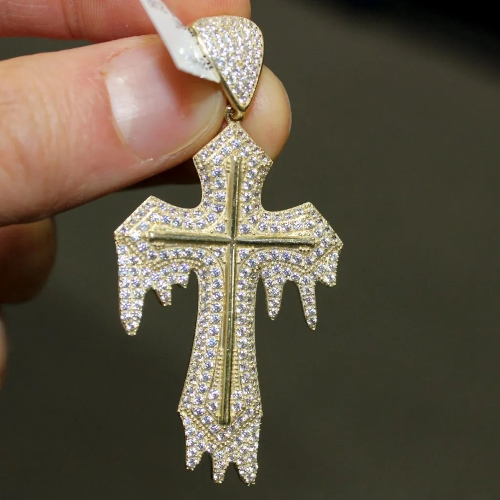 Thick Drip Cross Pendant VVS CZ 10K Yellow Gold