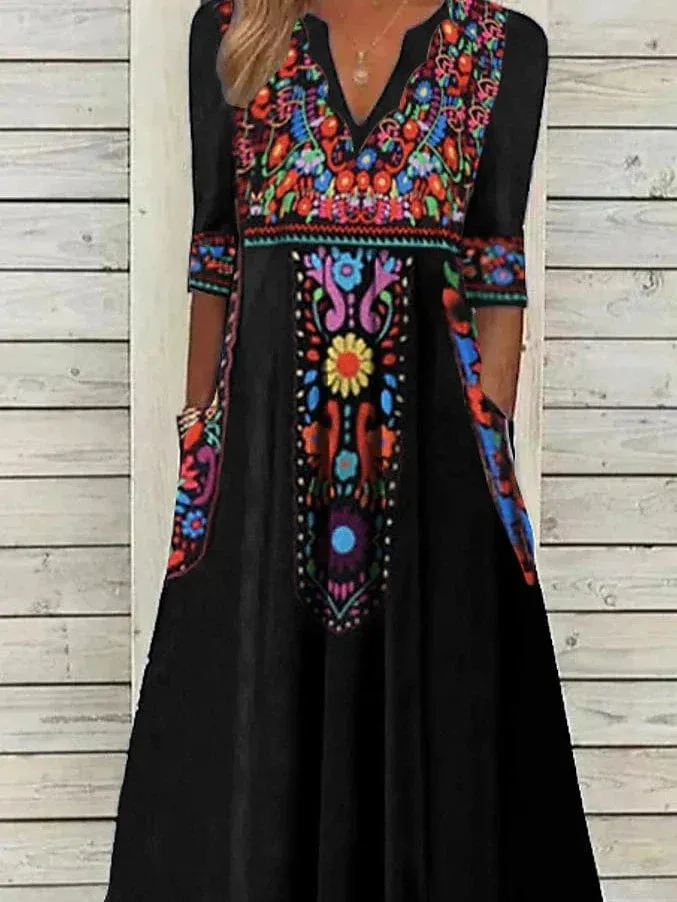 Versatile Women's Black Floral Midi Shift Dress with V Neck and Pocket