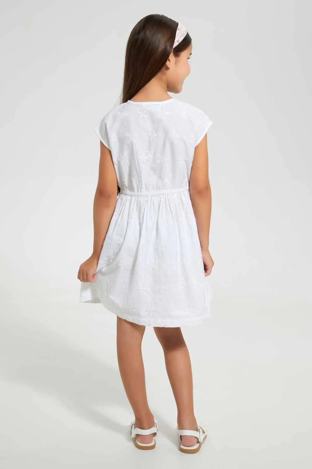 White Embroidered Gathered Dress