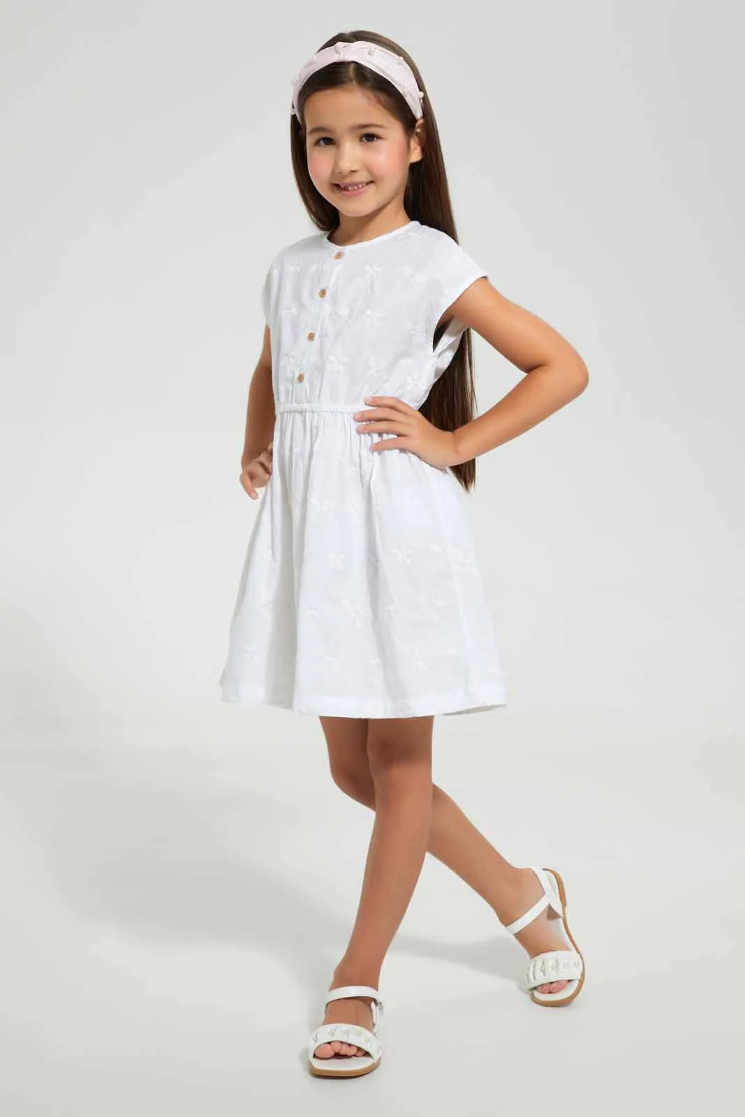 White Embroidered Gathered Dress