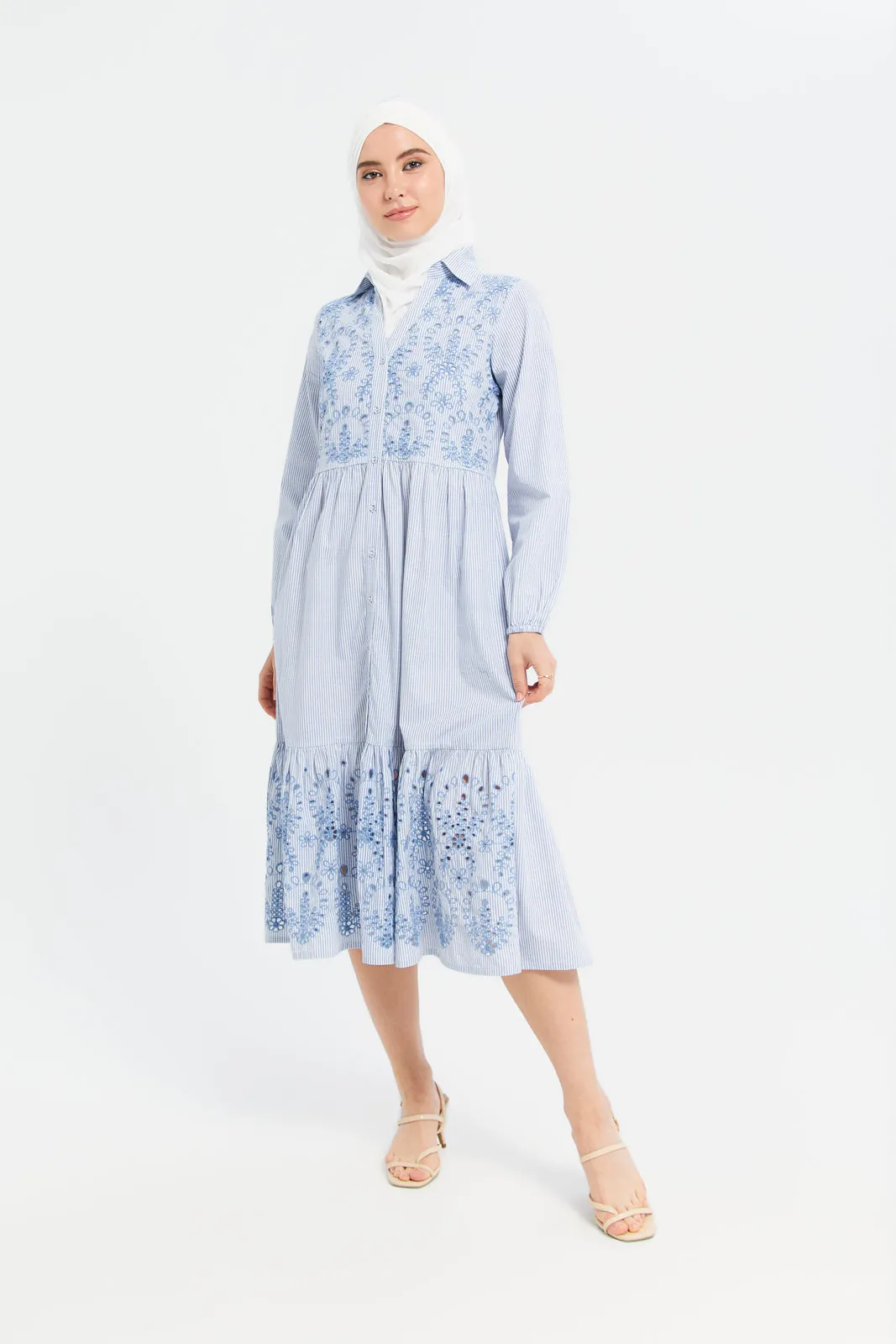 Women Blue Striped Shirt Dress