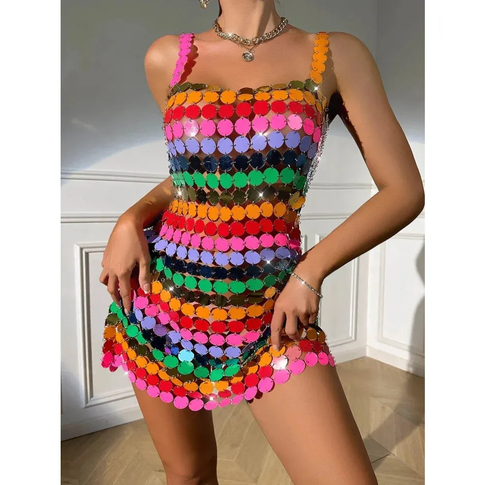 Women's Sexy Colorful Handmade Beads Nightclub Mid-Calf Dress