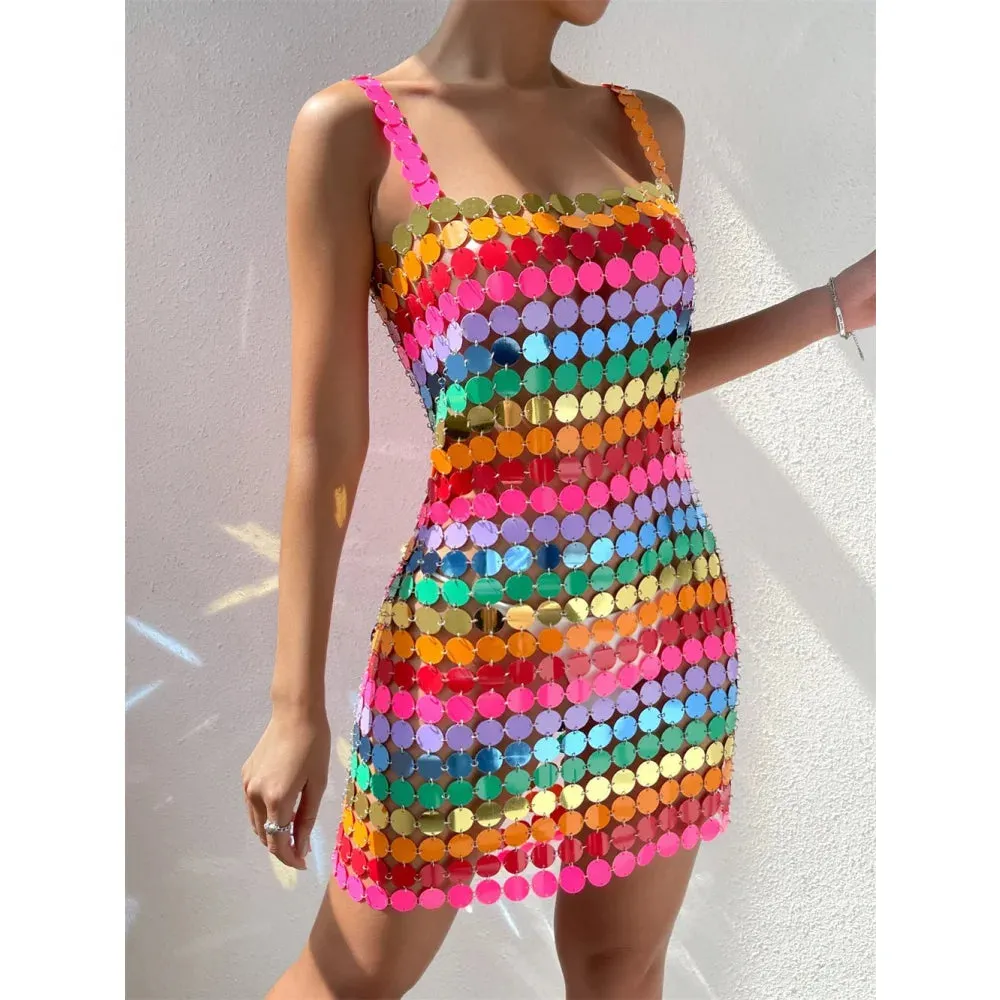 Women's Sexy Colorful Handmade Beads Nightclub Mid-Calf Dress