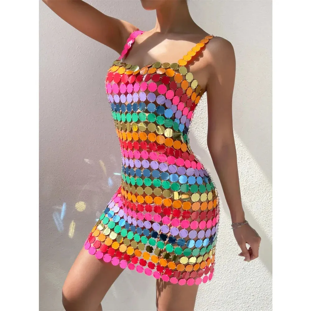 Women's Sexy Colorful Handmade Beads Nightclub Mid-Calf Dress