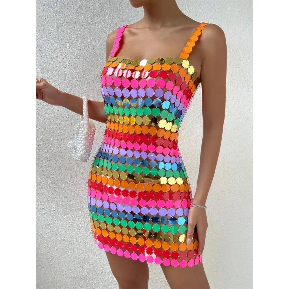 Women's Sexy Colorful Handmade Beads Nightclub Mid-Calf Dress